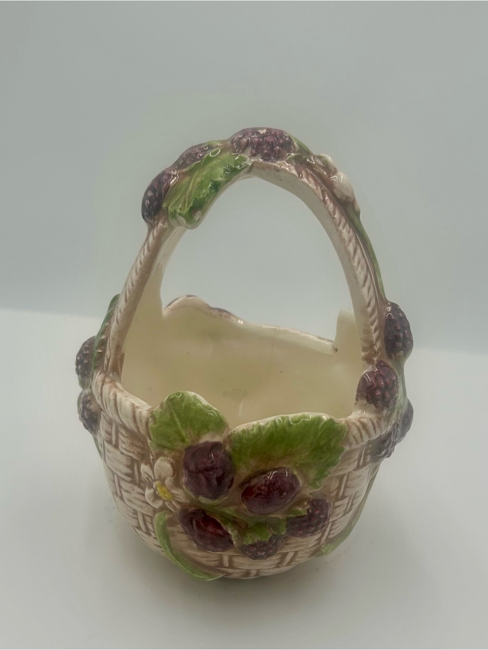 Vintage Italian Majolica Style Ceramic Blackberry Basket Candy Dish 3D Floral